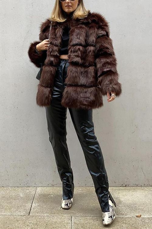 Layer O Neck Faux Fur Coat