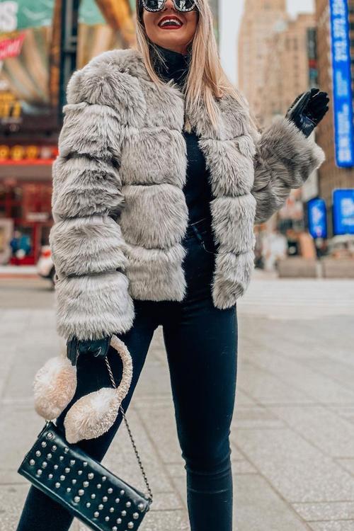 Layer O Neck Faux Fur Coat