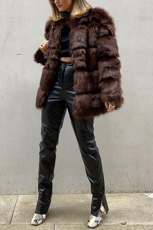 Layer O Neck Faux Fur Coat