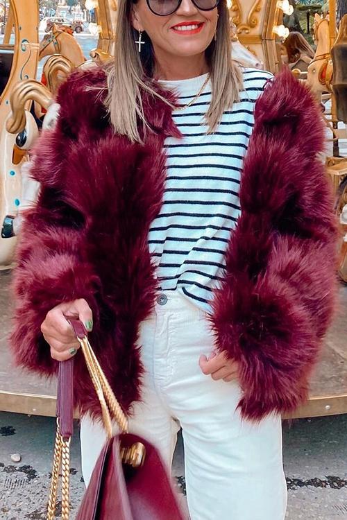 Layer O Neck Faux Fur Coat