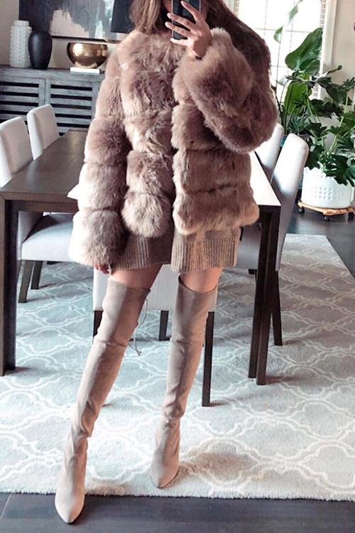 Layer O Neck Faux Fur Coat
