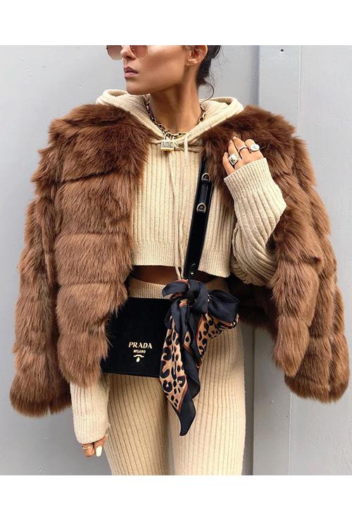 Layer O Neck Faux Fur Coat