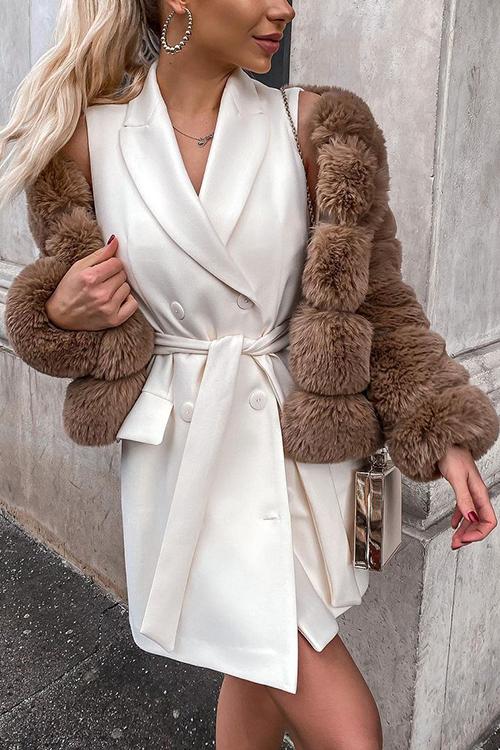 Layer O Neck Faux Fur Coat