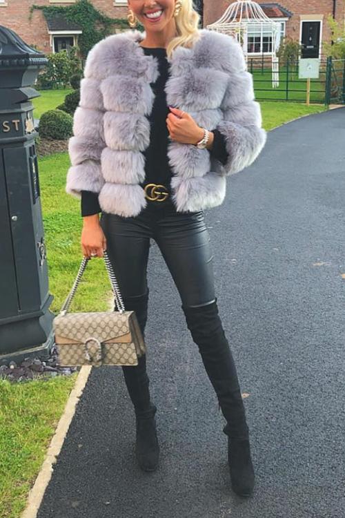 Layer O Neck Faux Fur Coat