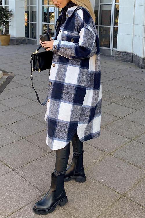 Single Breasted Plaid Long Coat