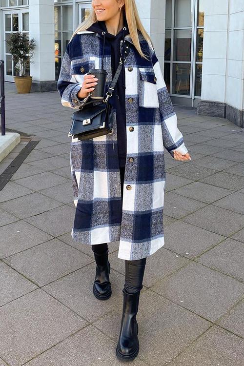 Single Breasted Plaid Long Coat