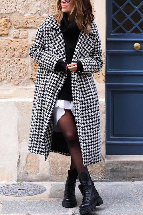 Houndstooth Lapel Woolen Coat