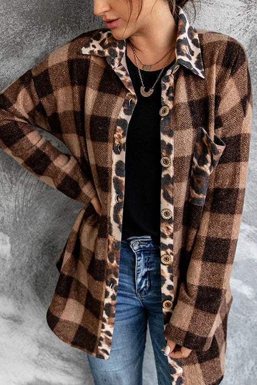 Plaid Leopard Patchwork Button Shirt Jackets