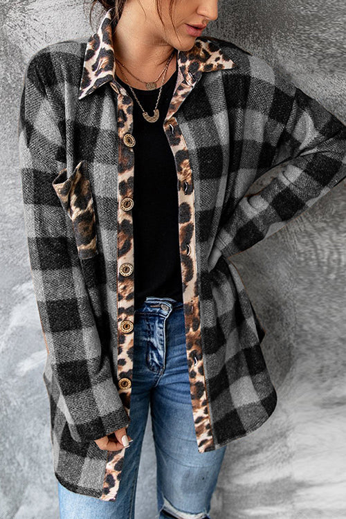 Plaid Leopard Patchwork Button Shirt Jackets