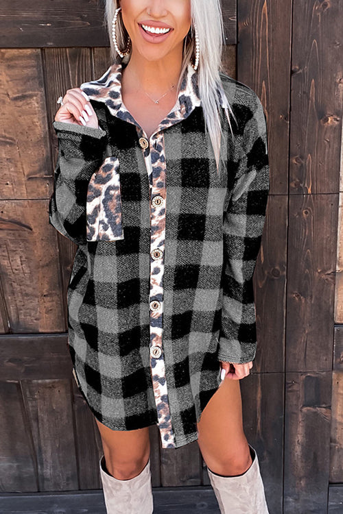Plaid Leopard Patchwork Button Shirt Jackets
