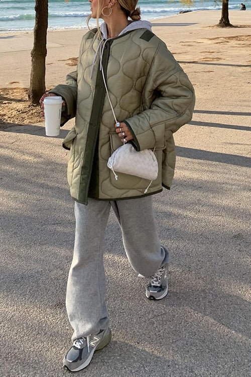 Quilted Pockets O Neck Jacket