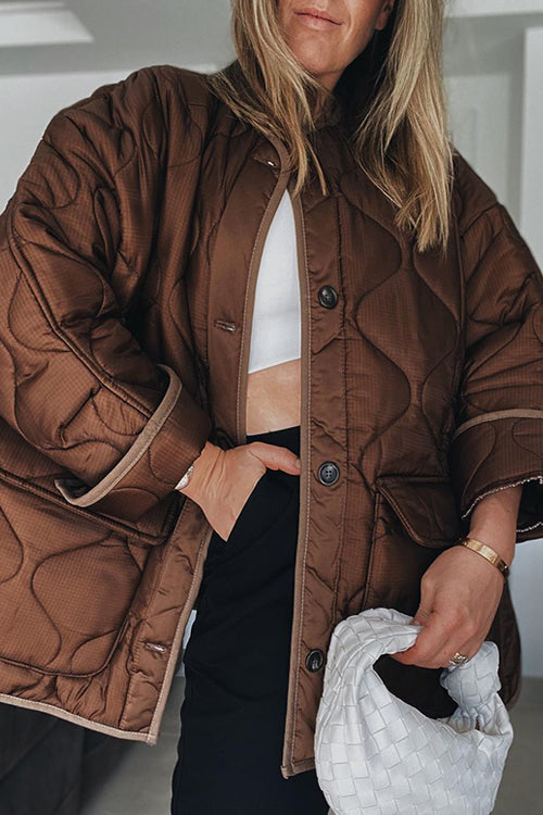 Quilted Pockets O Neck Jacket