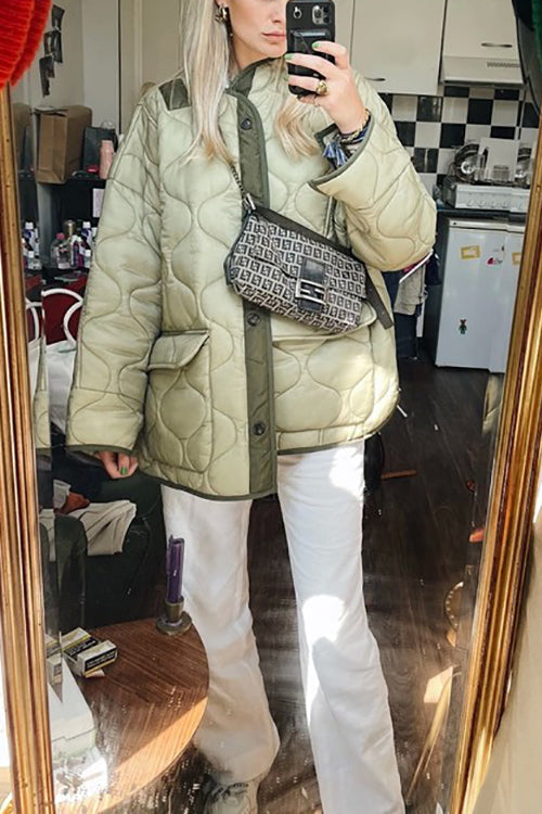 Quilted Pockets O Neck Jacket