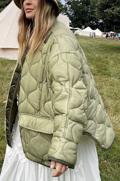 Quilted Pockets O Neck Jacket