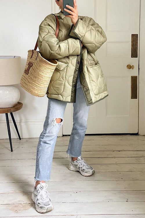 Quilted Pockets O Neck Jacket