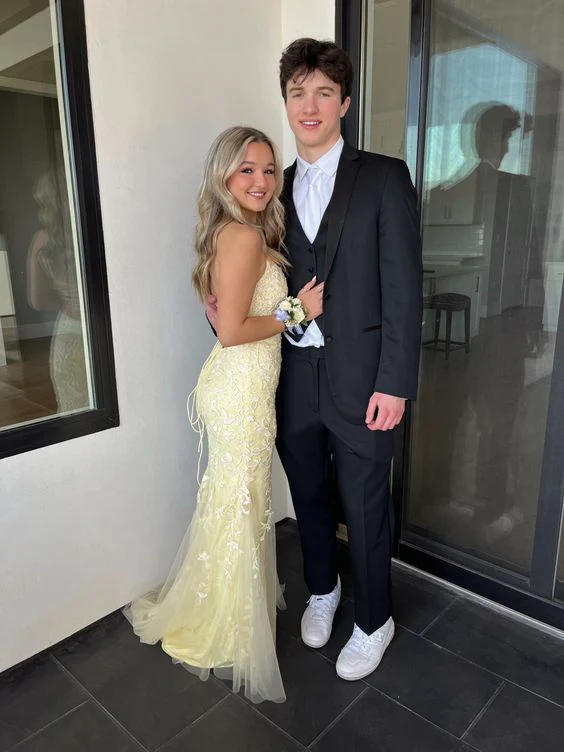 Elegant Yellow Backless Lace Prom Dress Mermaid Party Evening Gown cc1907