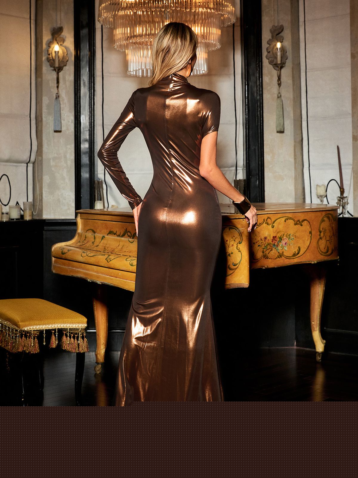 Metallic Mock Neck One Sleeve Diagonal Cut Out Bodycon Maxi Gown