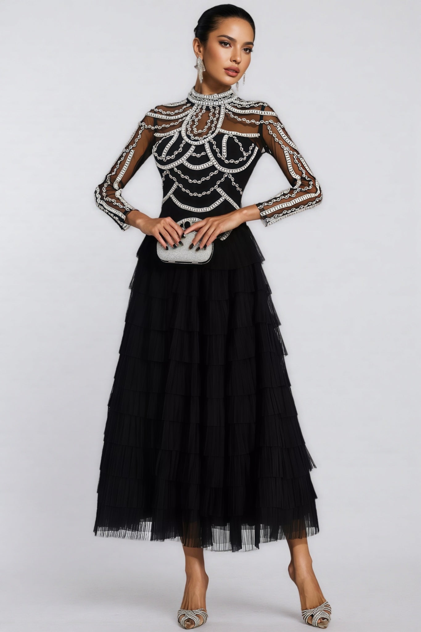 Beaded Mesh Long Sleeve Mock Neck Tiered Tulle Maxi Gown