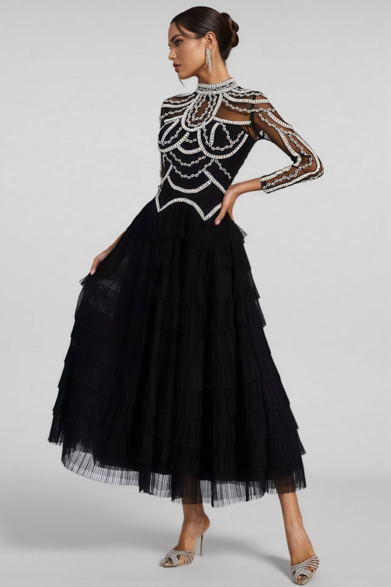 Beaded Mesh Long Sleeve Mock Neck Tiered Tulle Maxi Gown