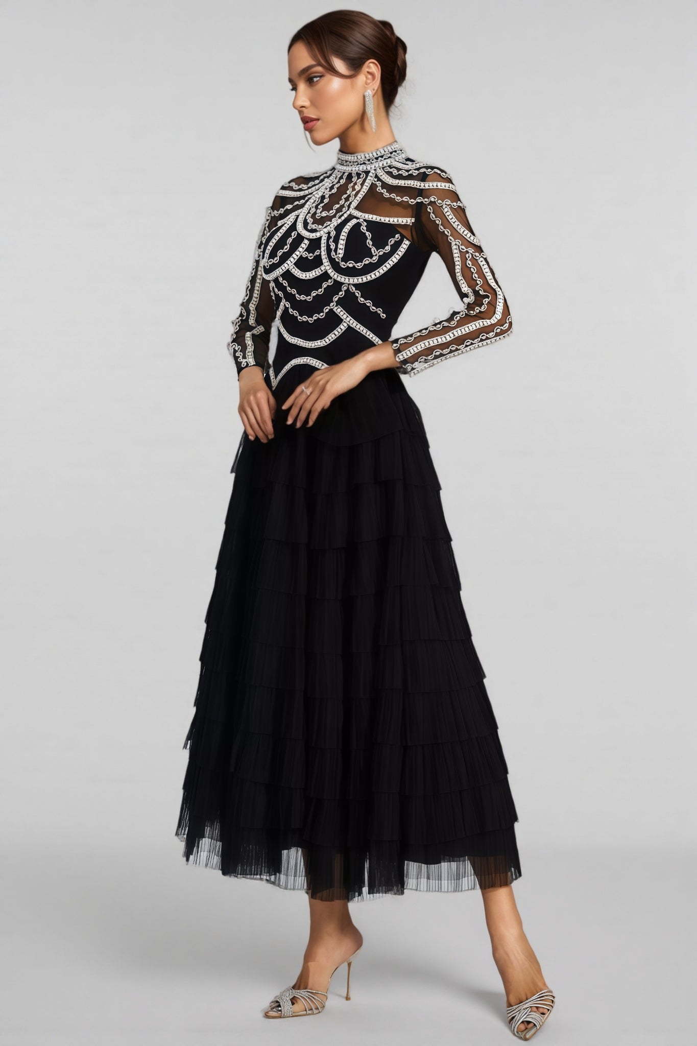 Beaded Mesh Long Sleeve Mock Neck Tiered Tulle Maxi Gown