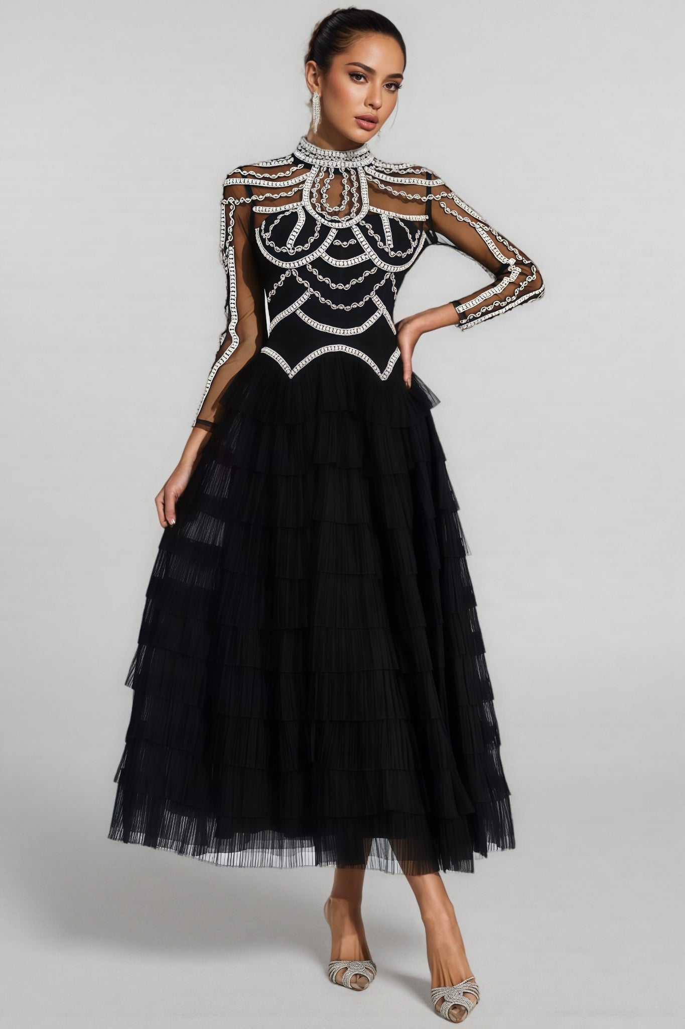 Beaded Mesh Long Sleeve Mock Neck Tiered Tulle Maxi Gown
