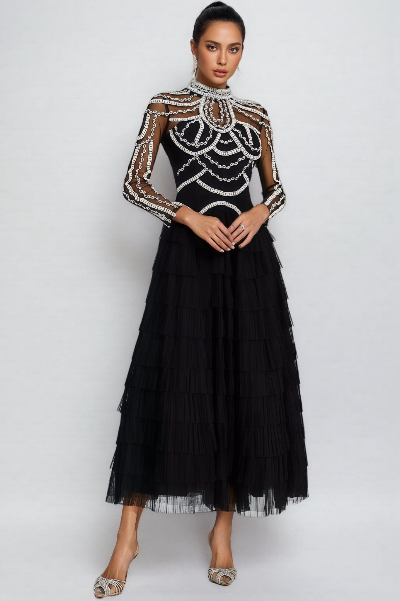 Beaded Mesh Long Sleeve Mock Neck Tiered Tulle Maxi Gown