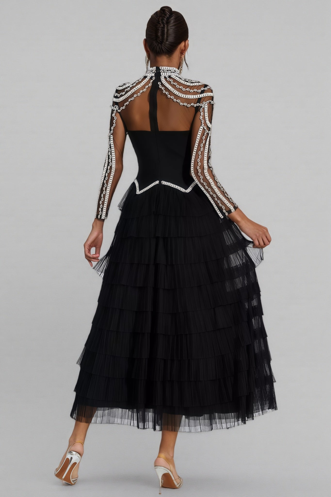 Beaded Mesh Long Sleeve Mock Neck Tiered Tulle Maxi Gown