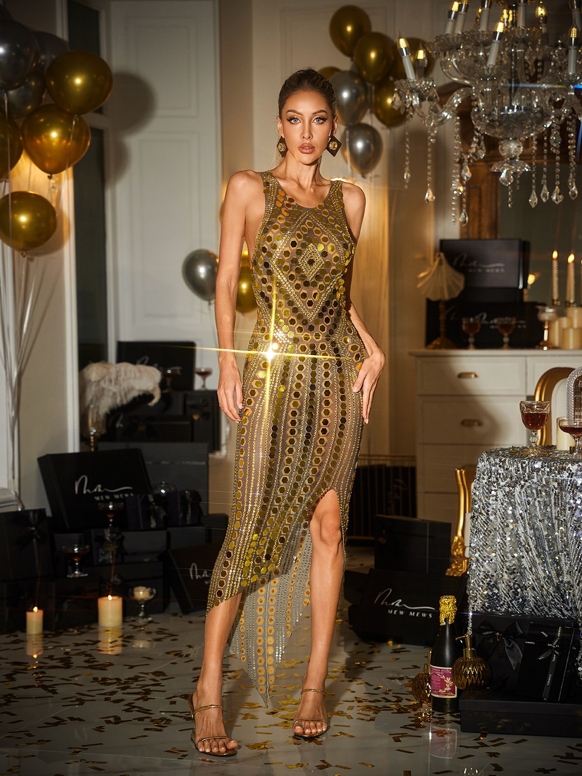 Sequin Crew Neck Sleeveless High Split Bodycon Midi Dress