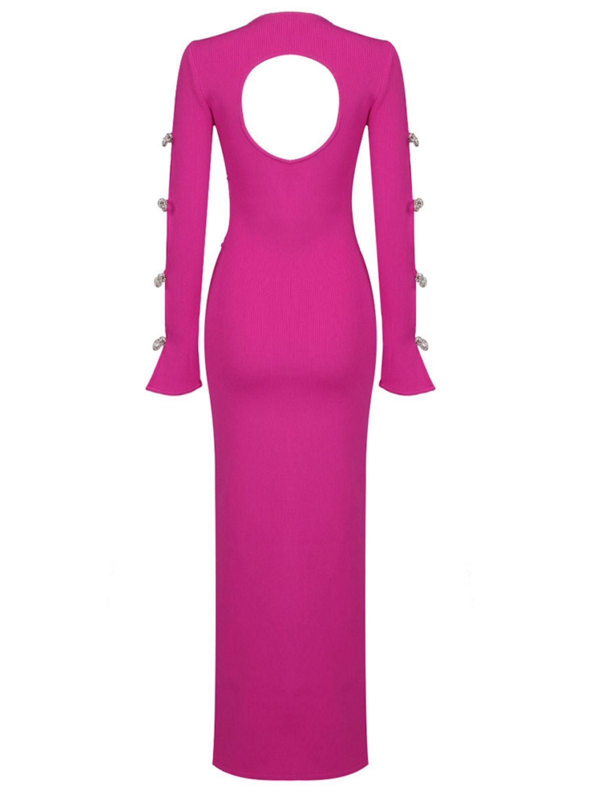 Ribbed Knit Crew Neck Rhinestone Bow Cut Out Sleeve Bodycon Maxi Dress