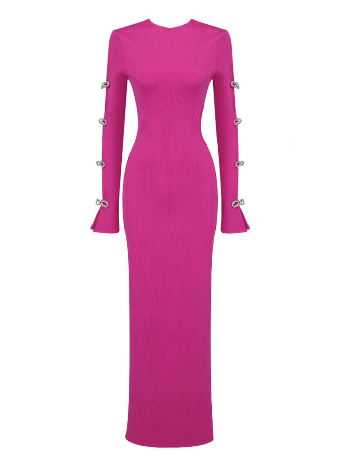 Ribbed Knit Crew Neck Rhinestone Bow Cut Out Sleeve Bodycon Maxi Dress