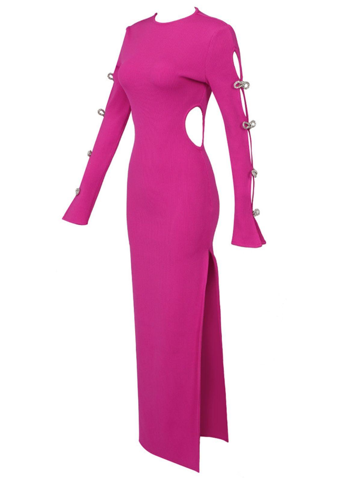 Ribbed Knit Crew Neck Rhinestone Bow Cut Out Sleeve Bodycon Maxi Dress
