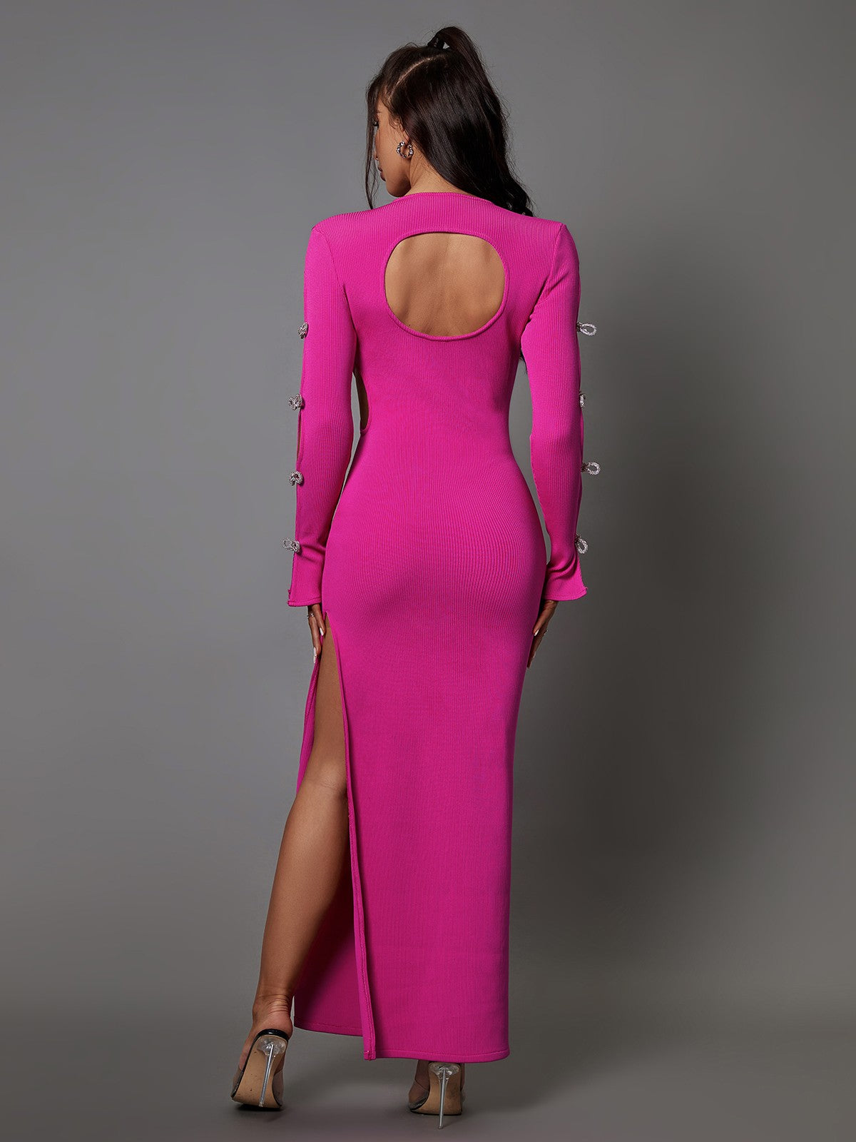 Ribbed Knit Crew Neck Rhinestone Bow Cut Out Sleeve Bodycon Maxi Dress