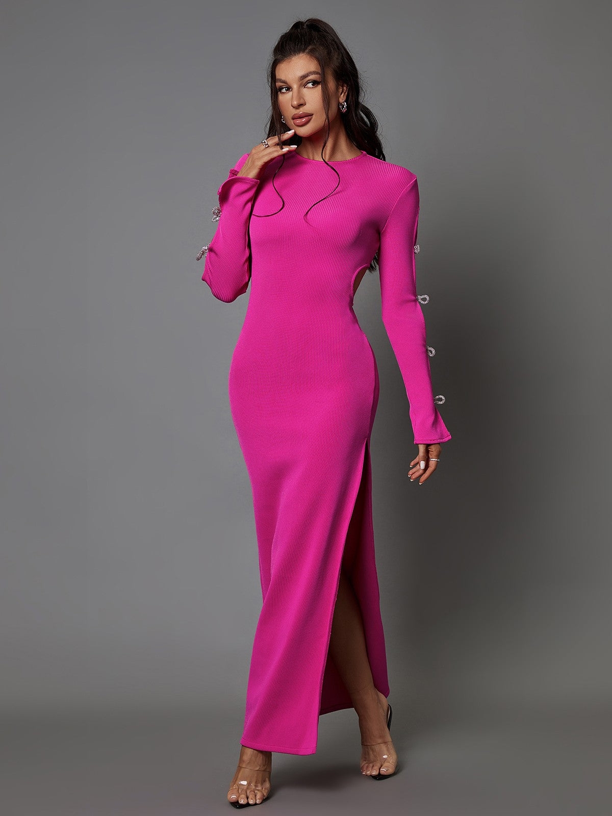Ribbed Knit Crew Neck Rhinestone Bow Cut Out Sleeve Bodycon Maxi Dress
