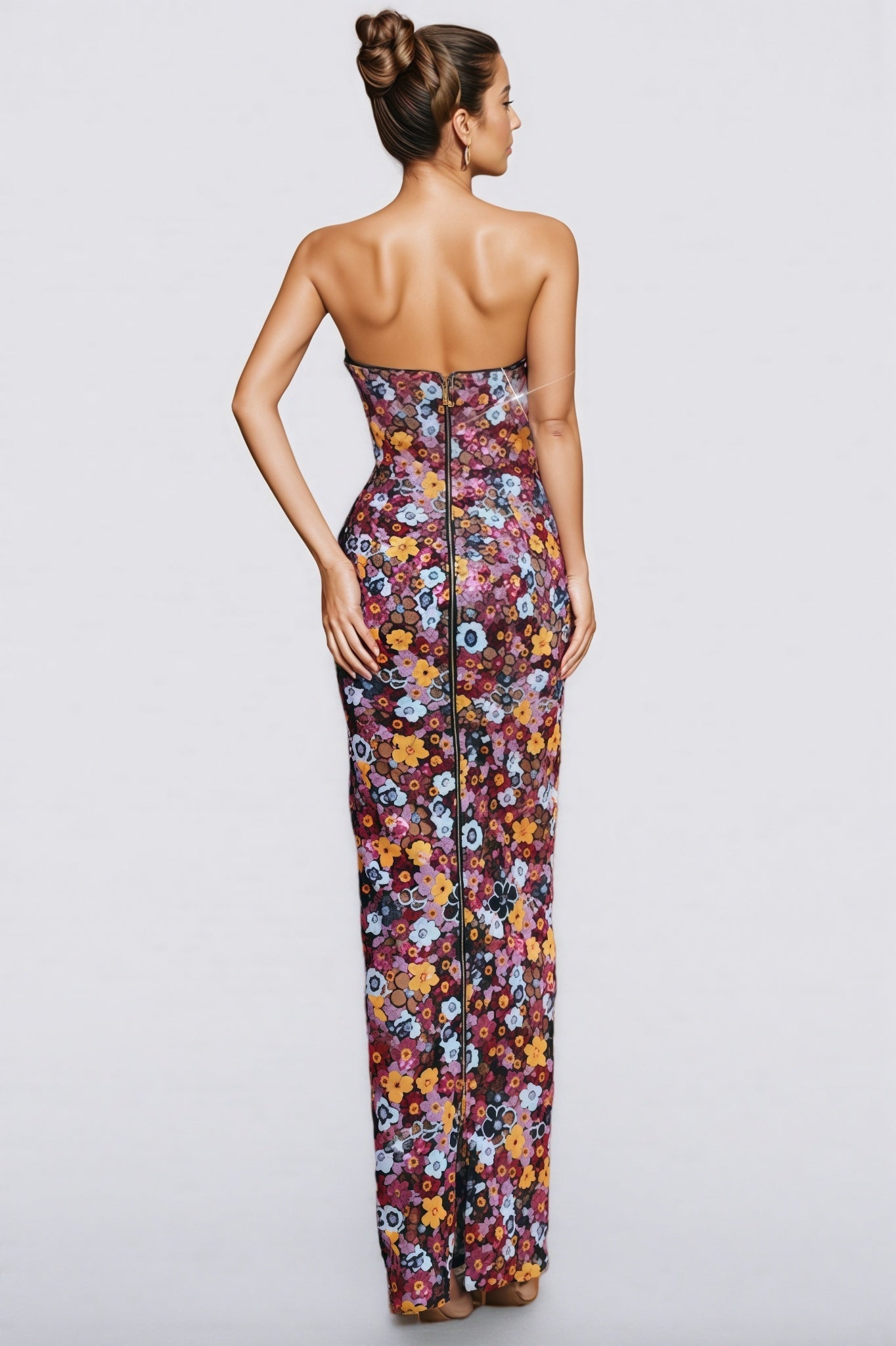 Floral Sequin Strapless Sweetheart Column Maxi Dress