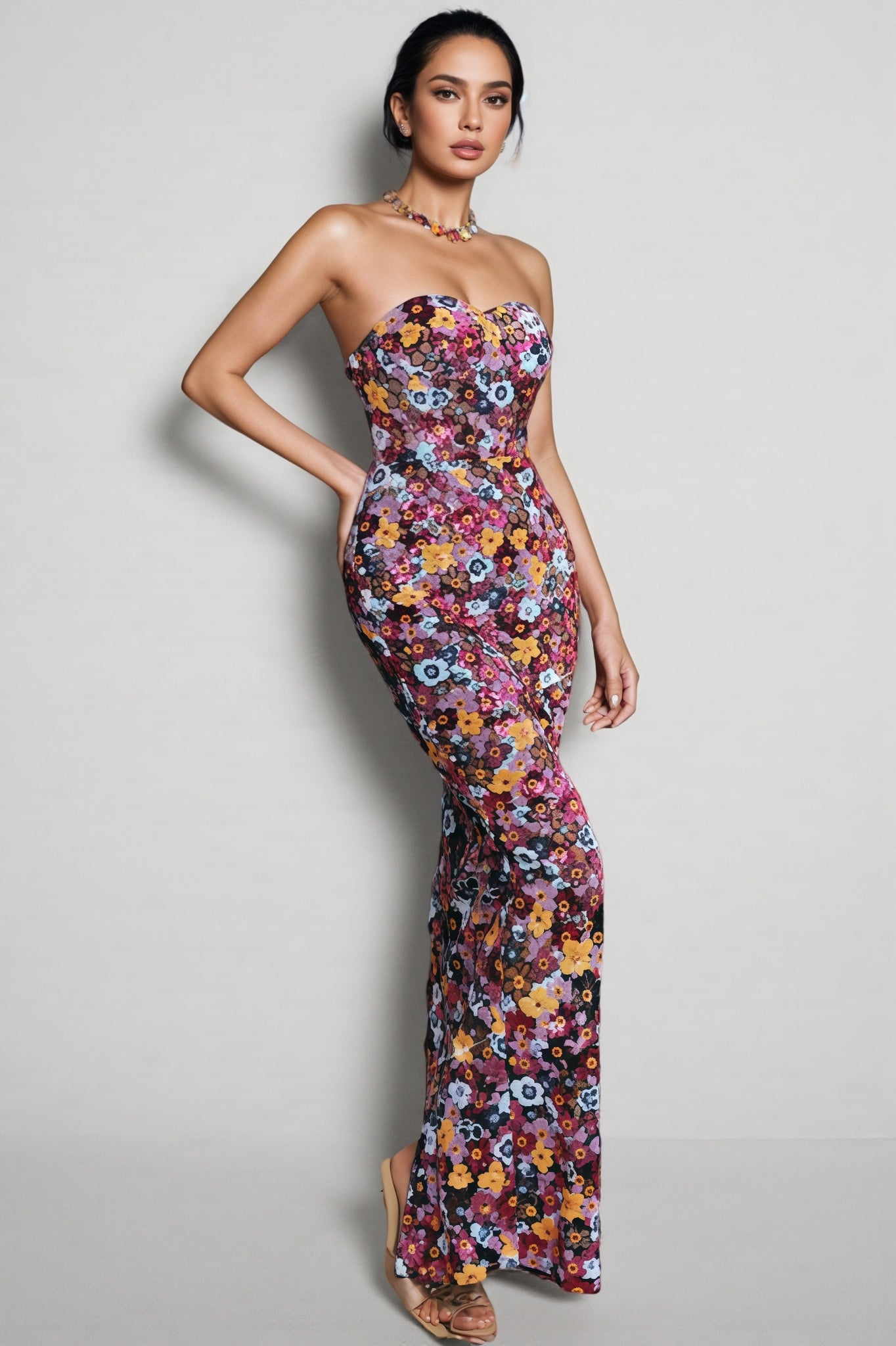 Floral Sequin Strapless Sweetheart Column Maxi Dress