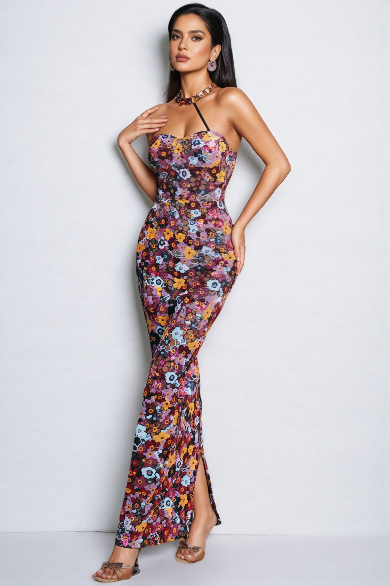 Floral Sequin Strapless Sweetheart Column Maxi Dress