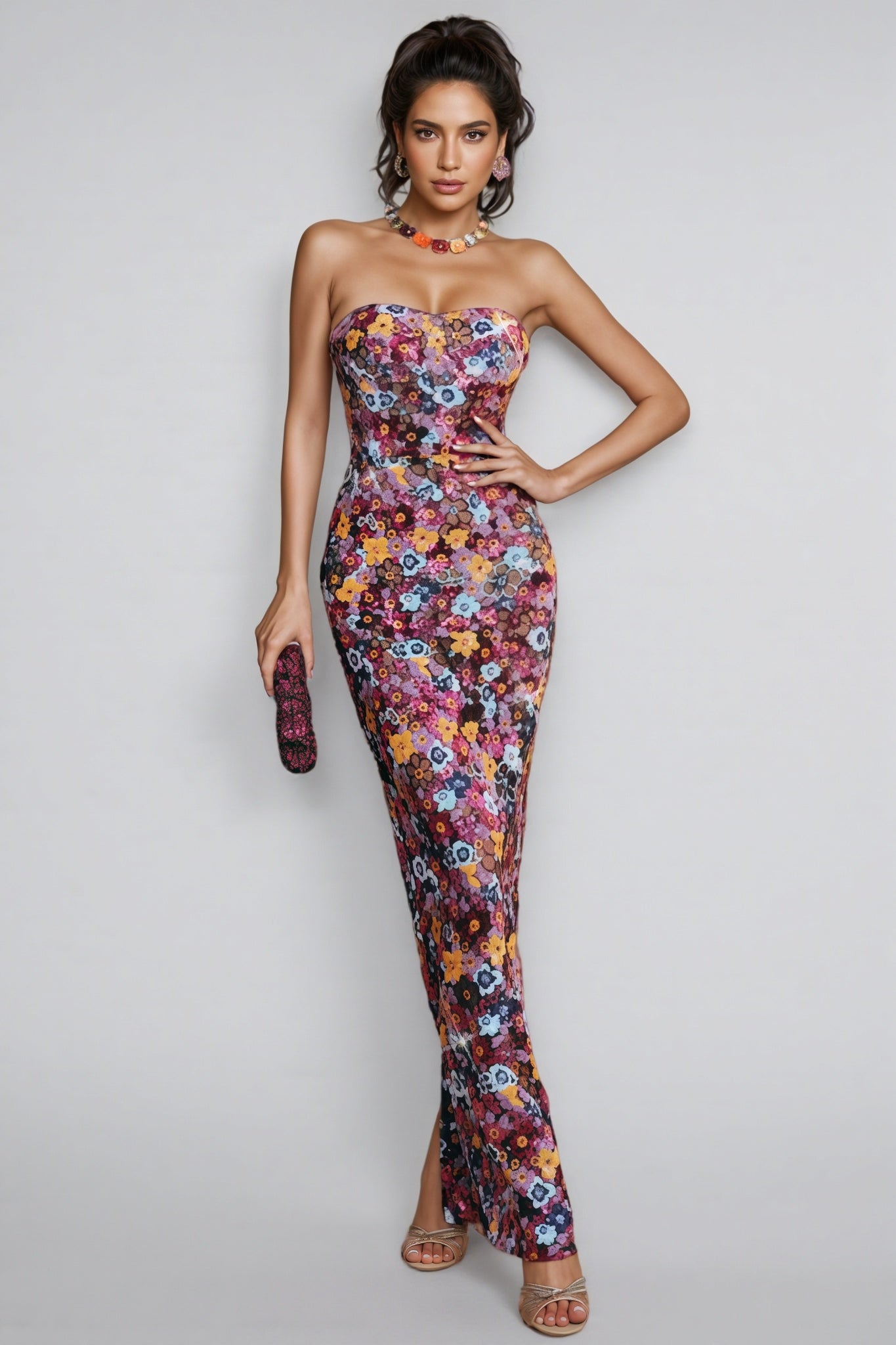 Floral Sequin Strapless Sweetheart Column Maxi Dress