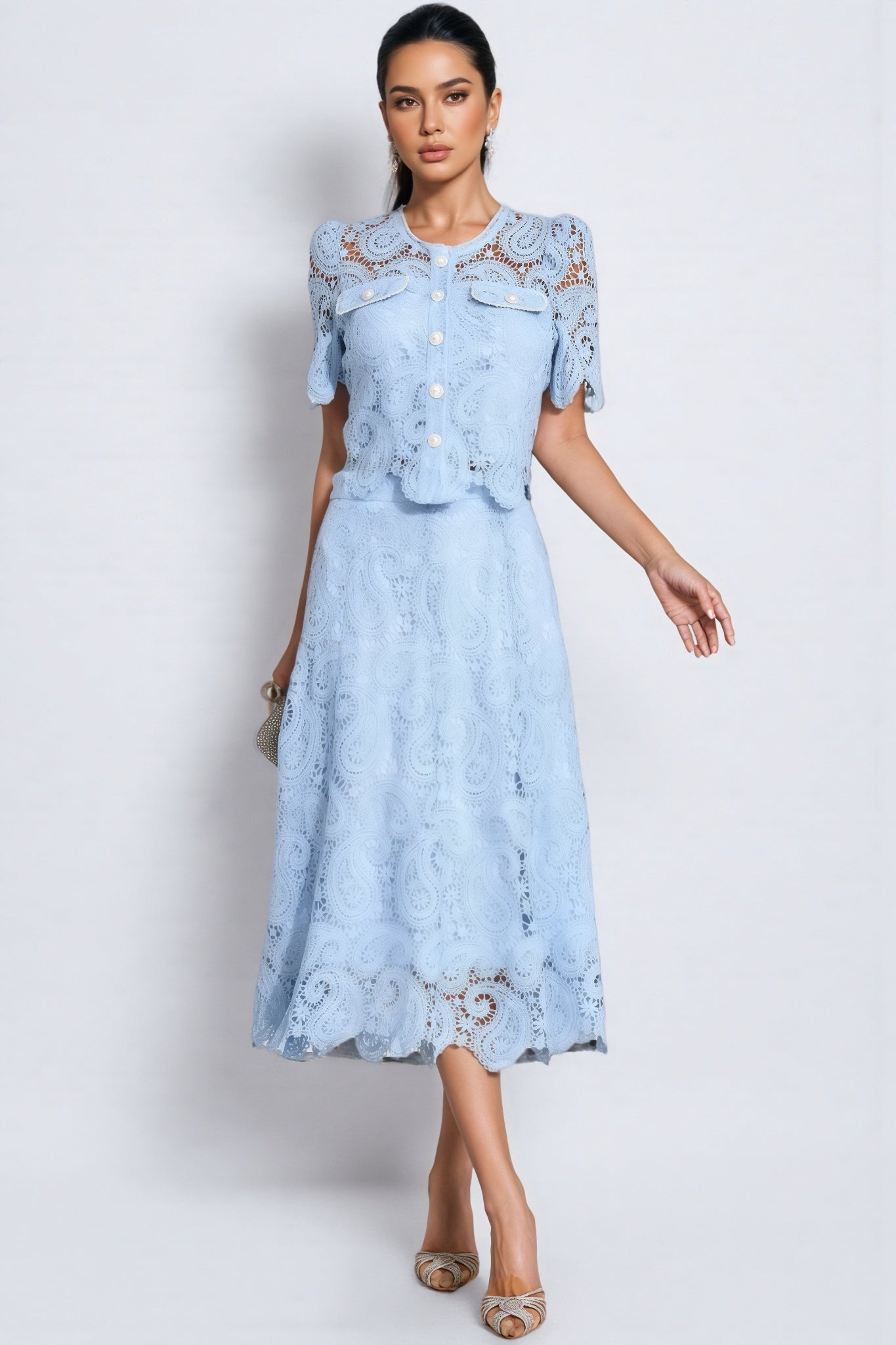Paisley Eyelet Lace Scalloped Button Front Two Piece Set