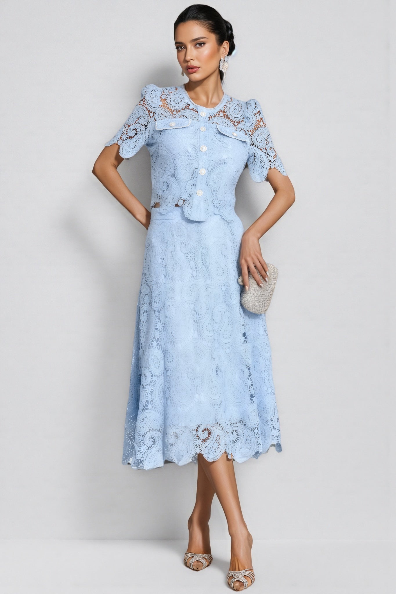 Paisley Eyelet Lace Scalloped Button Front Two Piece Set