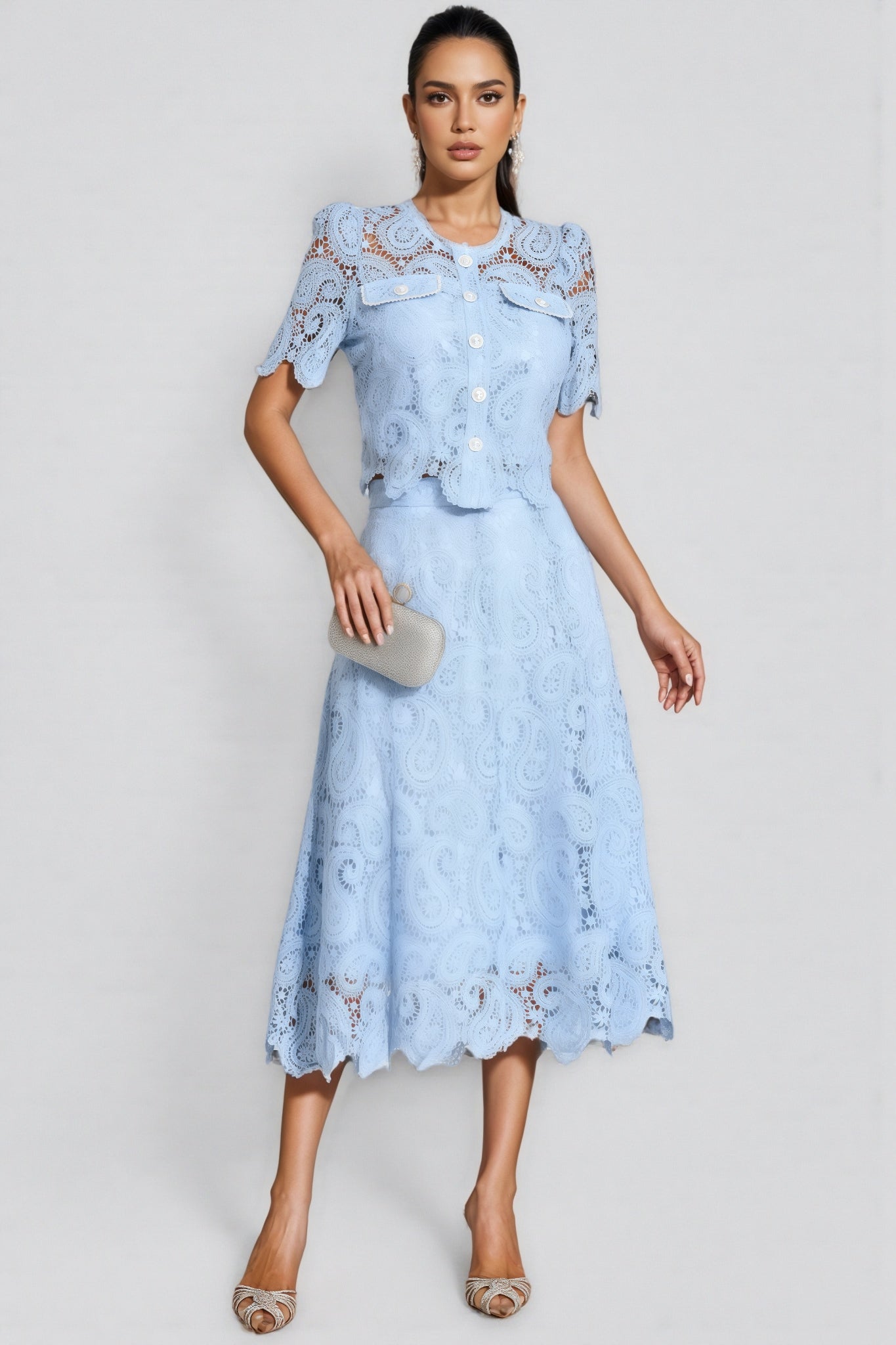 Paisley Eyelet Lace Scalloped Button Front Two Piece Set