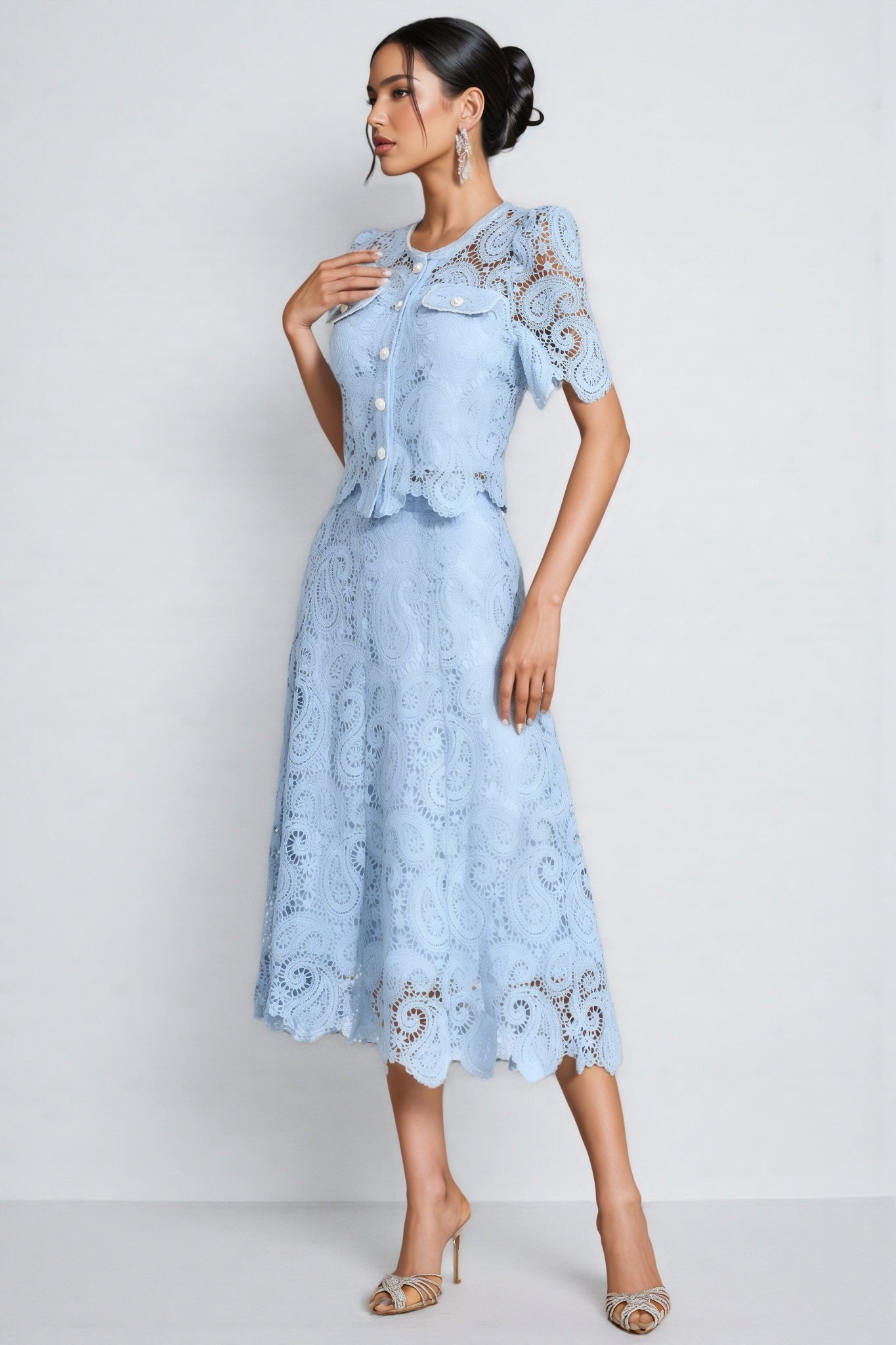 Paisley Eyelet Lace Scalloped Button Front Two Piece Set