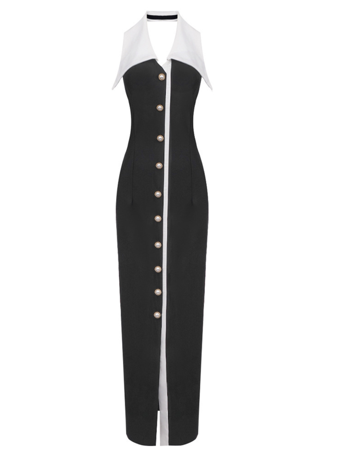 Contrast Collar Halter Neck Button Front Bodycon Maxi Dress 7