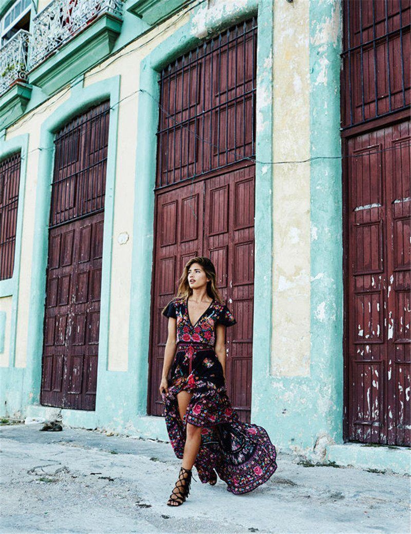 Floral V-Neck Short Sleeve Wrap High Low Midi Dress 4