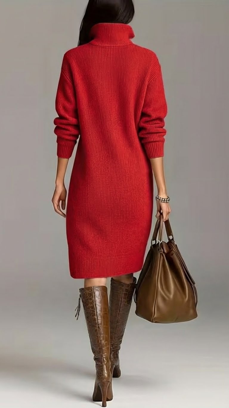 Knit High Neck Long Sleeve Button Shift Midi Dress 8