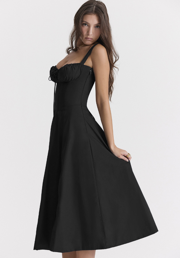 Sweetheart Neck Corset Tie Front Fit and Flare Midi Dress