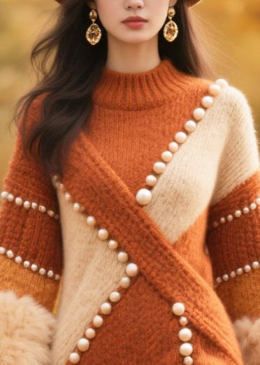 Mock Neck Pearl Embellished Faux Fur Cuff Colorblock Knit Mini Sweater Dress