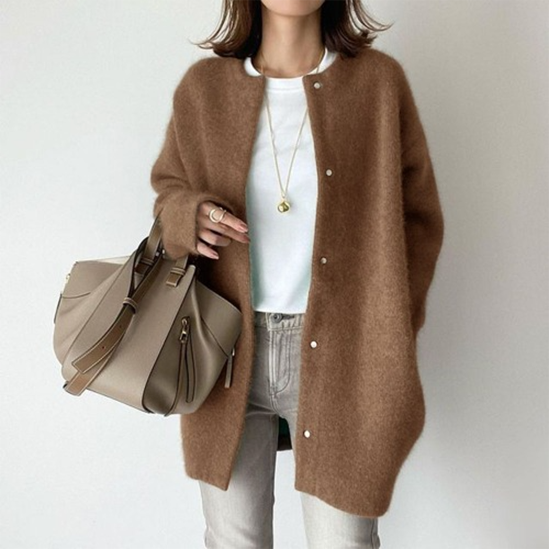 Crew Neck Button Front Oversized Knit Cardigan
