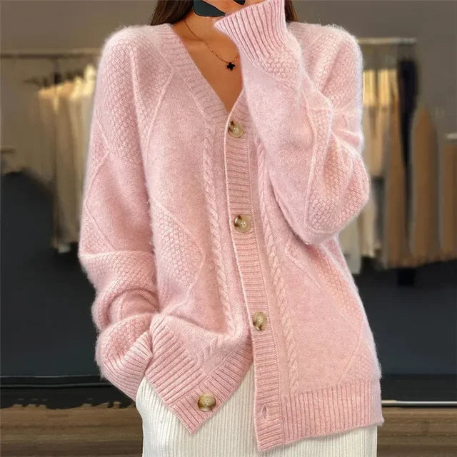 Cable Knit Button Front Round Neck Oversized Cardigan