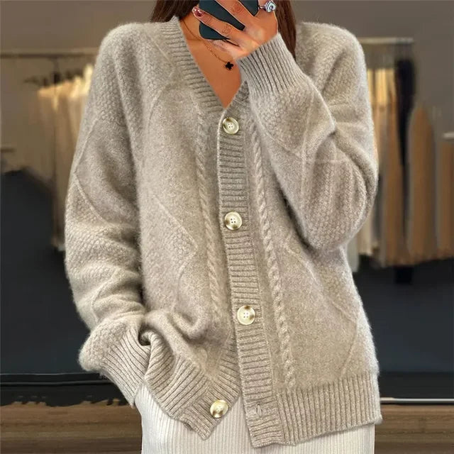 Cable Knit Button Front Round Neck Oversized Cardigan