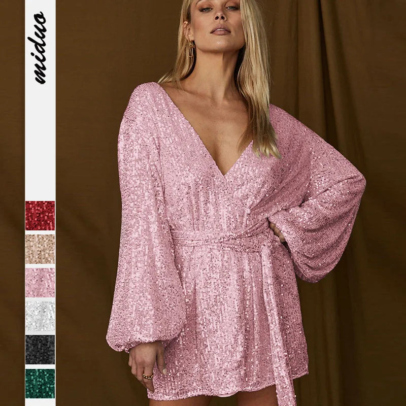 Sequin Wrap V-Neck Long Sleeve Bodycon Mini Dress
